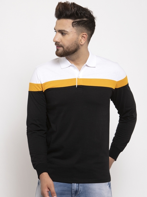 

WILD WEST Men Black & White Colourblocked Polo Collar T-shirt