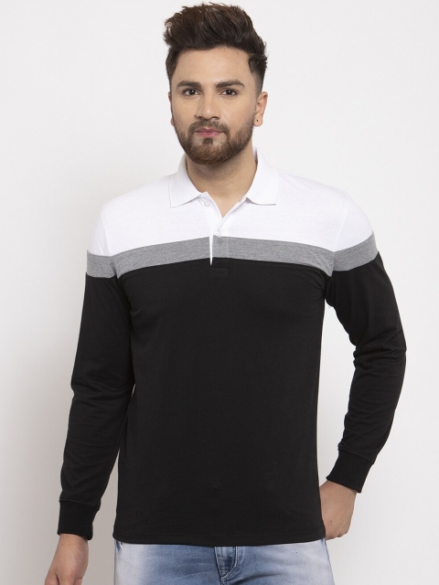 

WILD WEST Men Black & White Colourblocked Polo Collar T-shirt