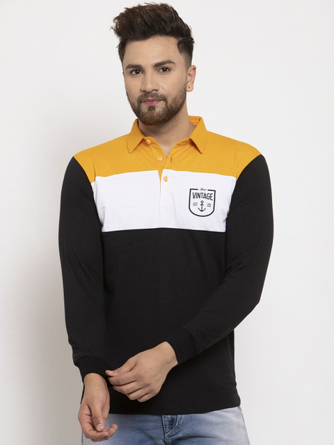 

WILD WEST Men Mustard Yellow & Black Colourblocked Polo Collar T-shirt