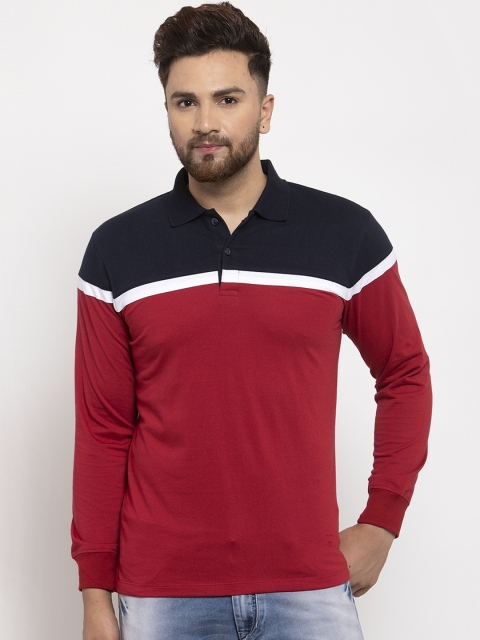 

WILD WEST Men Navy Blue & Red Colourblocked Polo Collar T-shirt