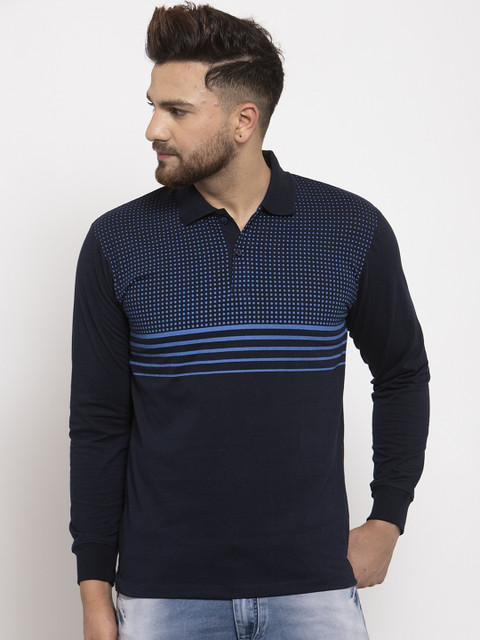 

WILD WEST Men Navy Blue Striped Polo Collar T-shirt