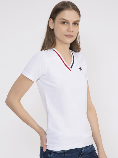 

Beverly Hills Polo Club Women White Solid V-Neck T-shirt
