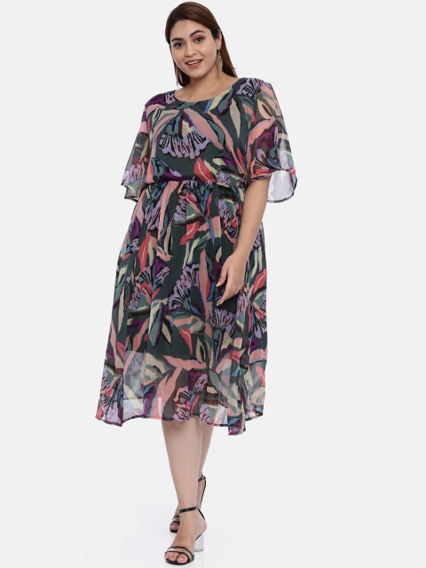 

The Pink Moon Women Green Printed Fit and Flare Dress