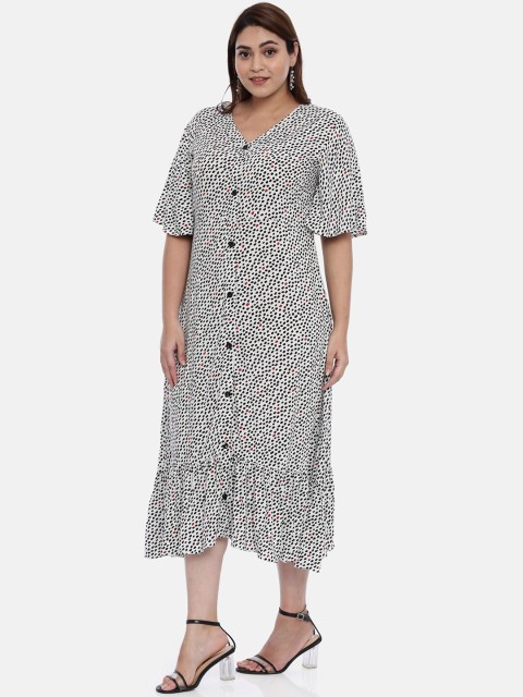 

The Pink Moon Women White & Black Printed Drop-Waist Dress