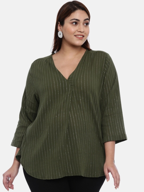 

The Pink Moon Women Olive Green & Gold-Coloured Striped Top