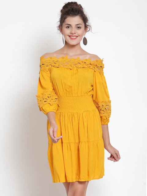 

Global Republic Women Mustard Yellow Self Design Off-Shoulder Fit and Flare Dress