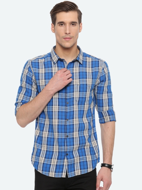

WITH Men Blue & White Slim Fit Checked Casual Shirt