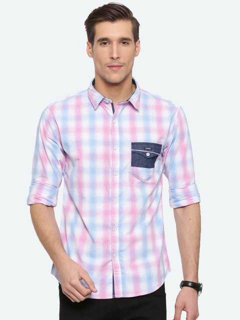 

WITH Men Pink & Blue Slim Fit Checked Casual Shirt