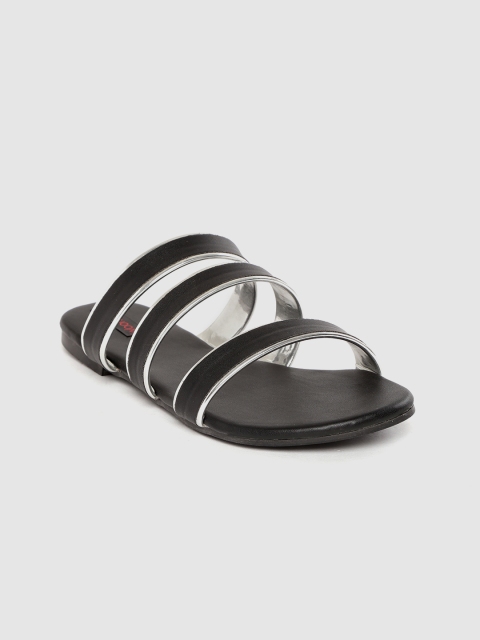 

Woomenia Women Black & Silver-Toned Solid Open Toe Flats