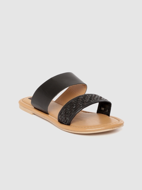 

Woomenia Women Black Basketweave Leather Open Toe Flats