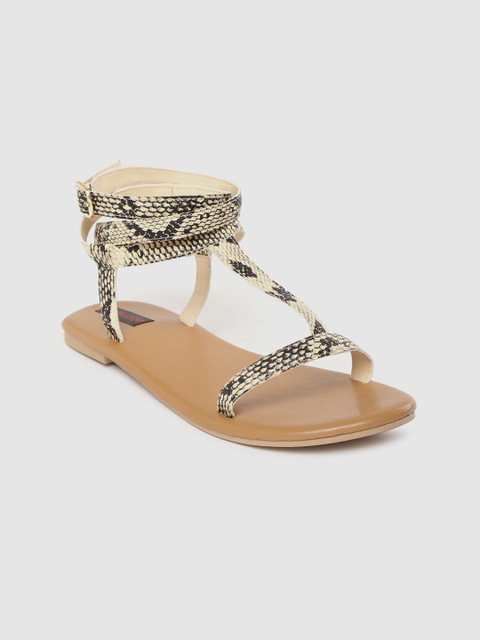 

Woomenia Women Beige & Black Snakeskin Textured Open Toe Flats