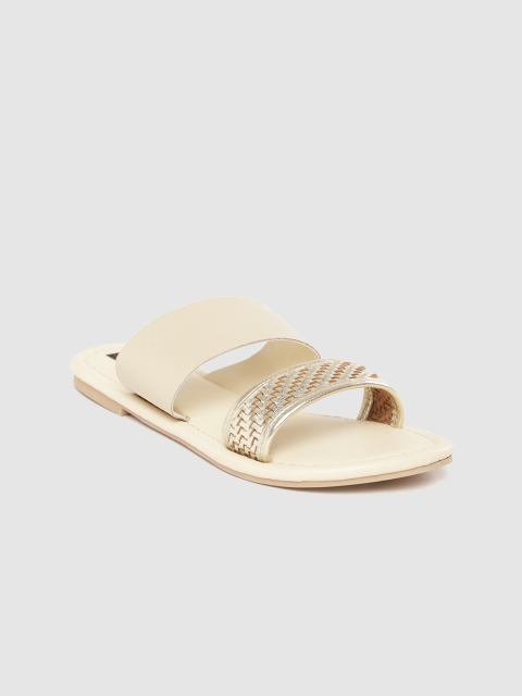 

Woomenia Women Gold-Toned & Off-White Basket Weaved Leather Open Toe Flats