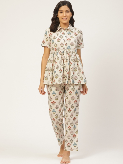 

pinwheel Women Off-White & Olive Green Printed Night Suit