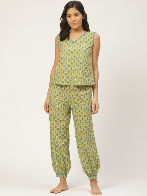 

pinwheel Women Olive Green & Blue Printed Night Suit
