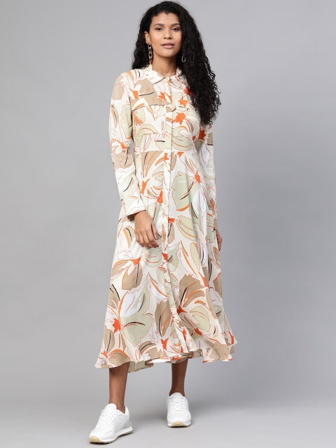 

Marks & Spencer Women Off-White & Orange Leaf Print Midi Shirt Dress