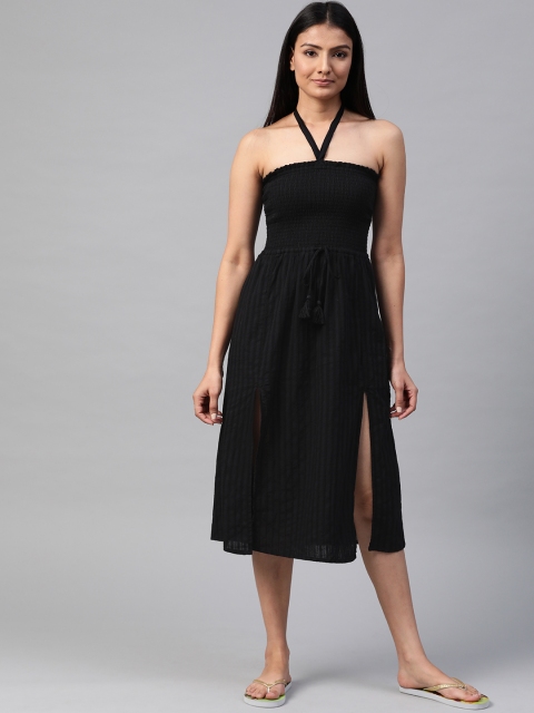 

Marks & Spencer Women Black Self-Striped Cover-Up A-Line Dress