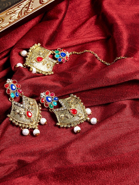 

ZeroKaata Multicolored Stone Studded Golden Earrings and Maang Tika Jewellery Set, Multi