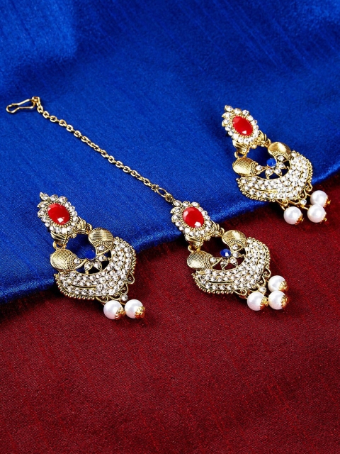 

ZeroKaataTraditional Red Golden Earrings and Maang Tika, Multi
