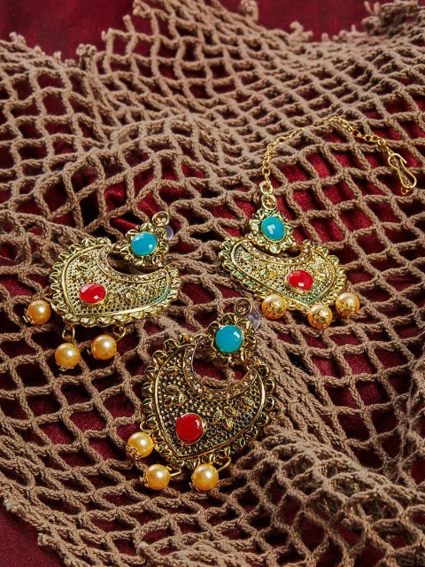 

ZeroKaata Blue and Red Stone Studded Golden Earrings and Maang Tika Jewellery Set, Gold