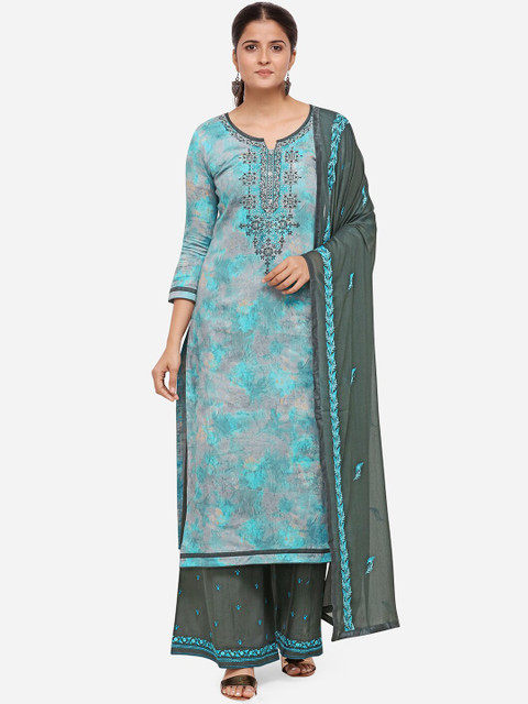 

Kvsfab Blue & Olive Green Embroidered Satin Unstitched Dress Material