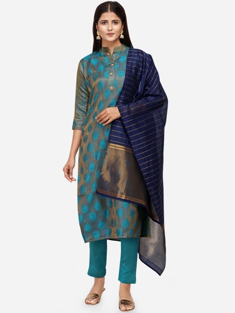 

Kvsfab Turquoise Blue & Navy Blue Satin Unstitched Dress Material