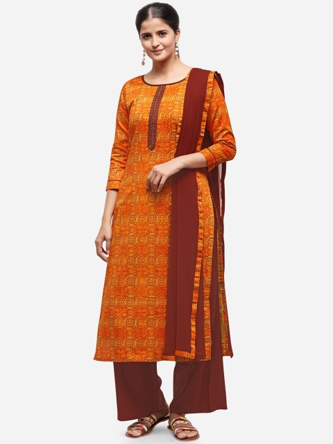 

Kvsfab Orange & Brown Cotton Blend Unstitched Dress Material