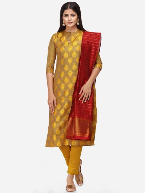 

Kvsfab Mustard & Red Satin Unstitched Dress Material