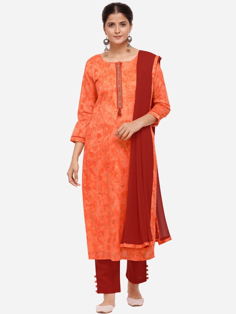 

Kvsfab Orange & Brown Cotton Blend Unstitched Dress Material