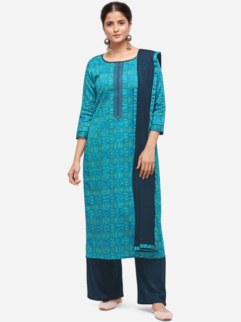 

Kvsfab Turquoise Blue & Navy Blue Cotton Blend Unstitched Dress Material