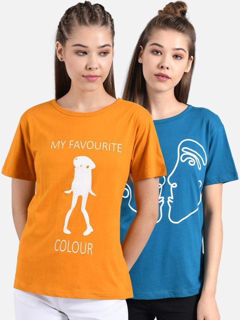 

Kotty Women Pack Of 2 Multicoloured Printed Round Neck T-shirts, Blue