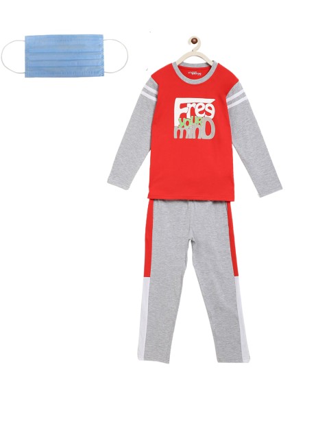

Lil Tomatoes Boys Red & Grey Printed Night Suit With Mask