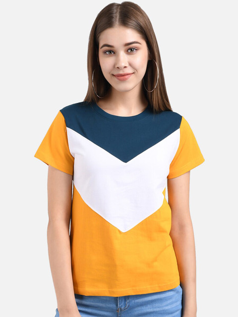 

The Dry State Women Mustard Yellow & White Colourblocked Round Neck T-shirt