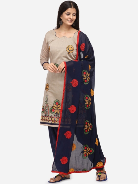 

mf Beige & Navy Blue Silk Blend Unstitched Dress Material