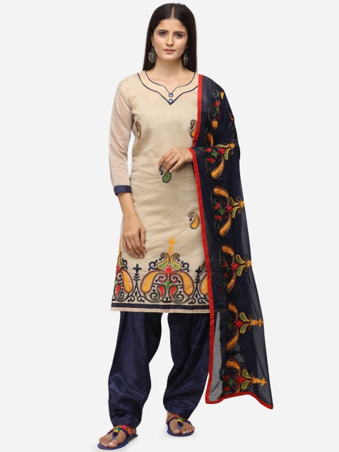 

mf Beige & Navy Blue Silk Blend Embroidered Unstitched Dress Material