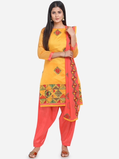 

mf Yellow & Coral Silk Blend Embroidered Unstitched Dress Material