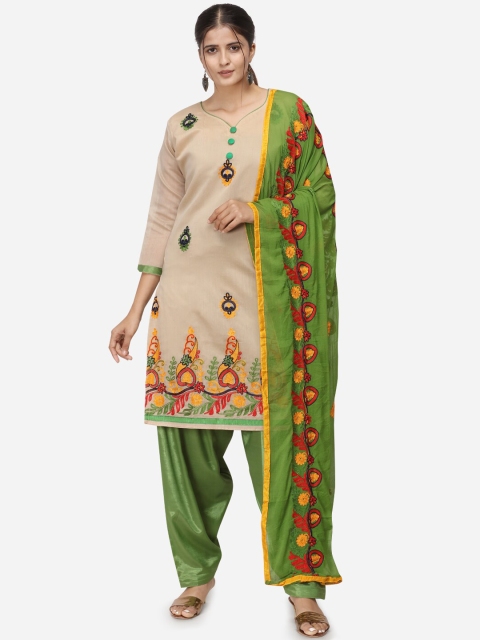 

mf Beige & Green Silk Blend Unstitched Dress Material