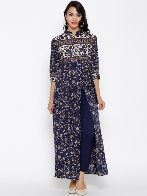

Vishudh Navy Printed Kurta with Trousers, Navy blue