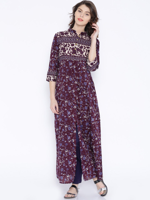 

Vishudh Burgundy & Navy Floral Print Kurta with Trousers