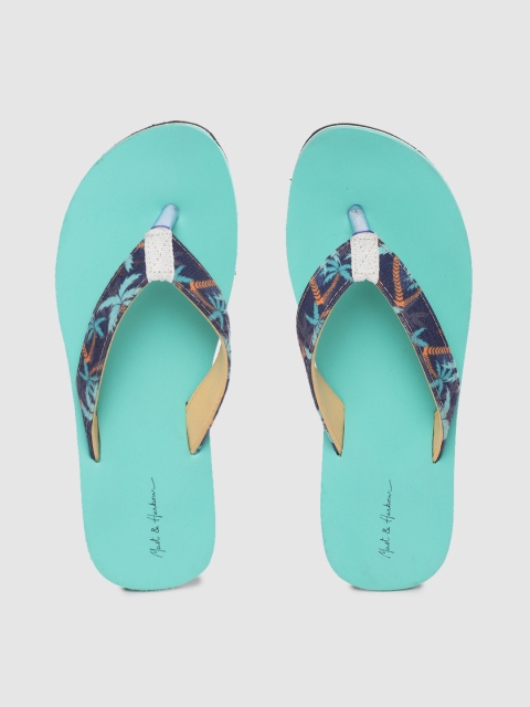 

Mast & Harbour Women Navy Blue & Sea Green Tropical Print Thong Flip-Flops