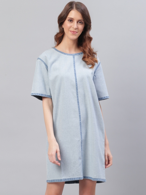 

Bhaane Women Blue Solid Denim T-shirt Dress