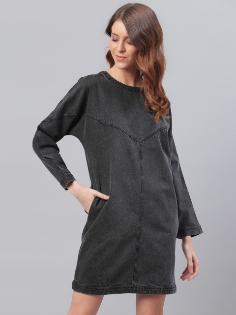 

Bhaane Women Black Solid Denim Shift Dress