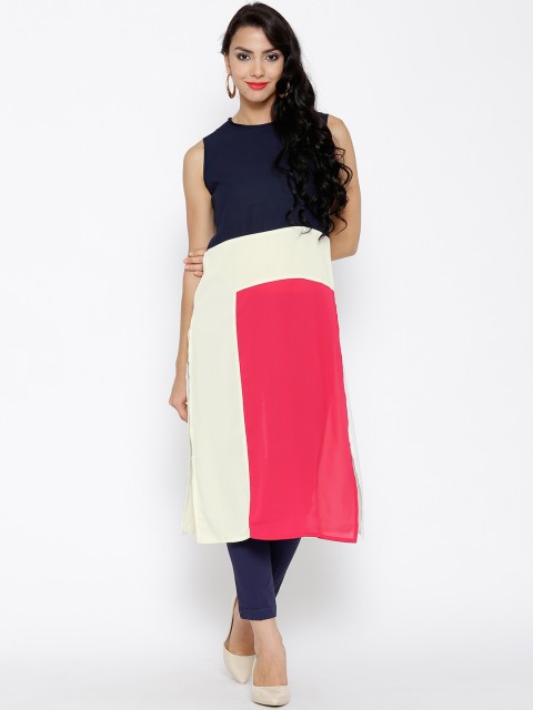 

Vishudh Cream-Coloured & Navy Polyester Colourblocked Kurta