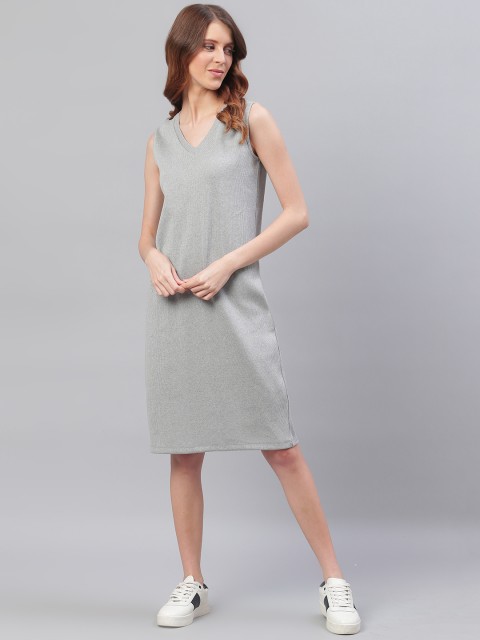 

Bhaane Women Grey Melange Ribbed T-shirt Dress