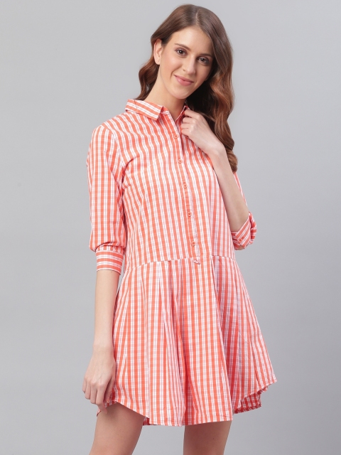 

Bhaane Women Orange & White Checked Shirt Dress