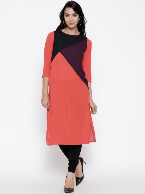 

Vishudh Coral Red Polyester Colourblocked Kurta