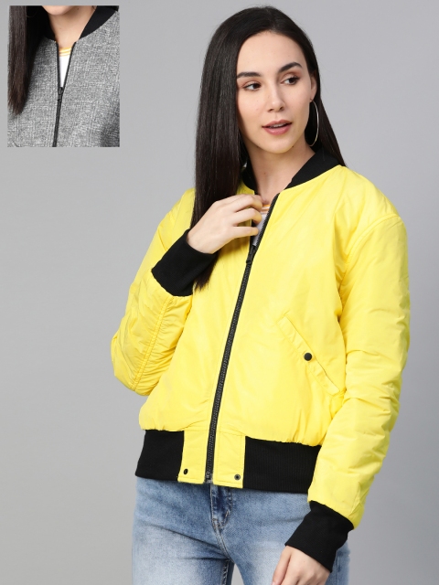 

Bhaane Women Yellow & Grey Melange Checked Reversible Bomber Jacket