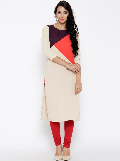 

Vishudh Beige Polyester Colourblocked Kurta