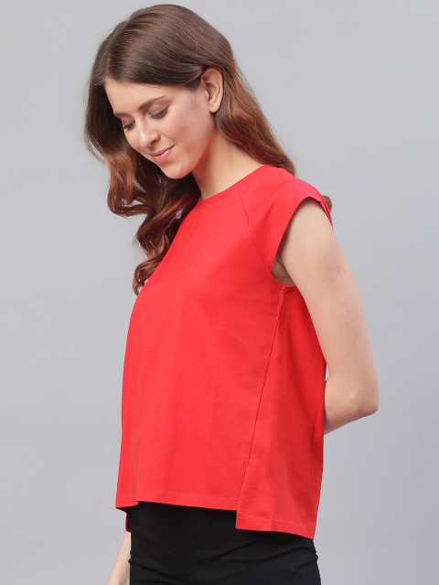 

Bhaane Women Coral Red Solid Round Neck T-shirt