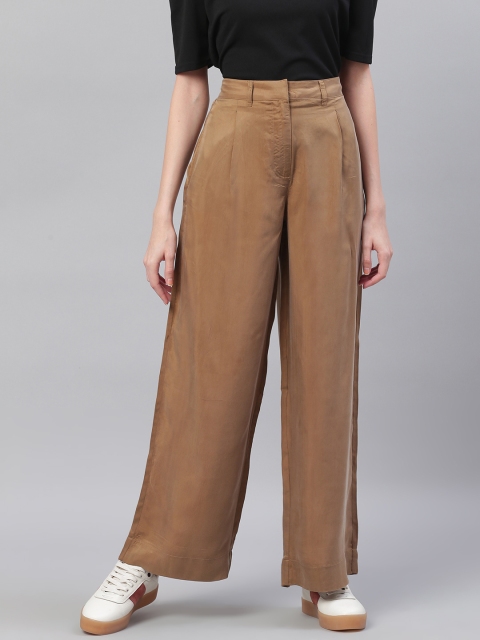 

Bhaane Women Brown Loose Fit Solid Satin Finish Parallel Trousers