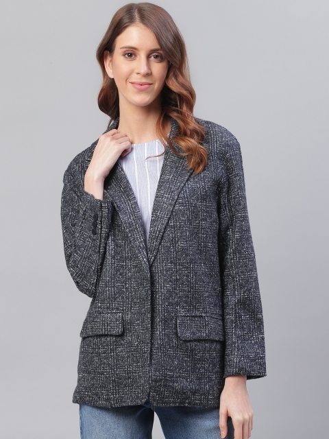 

Bhaane Women Black Tweed Regular Fit Checked Single-Breasted Oversized Casual Blazer